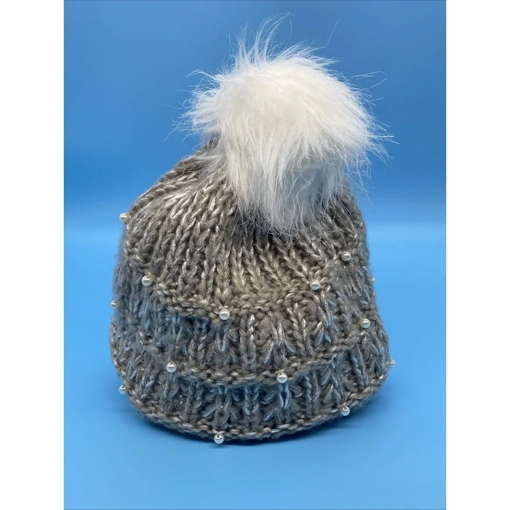 Betsy Johnson Silver Winter‎ Beanie Hat w/Faux Pearls and Pom-Pom